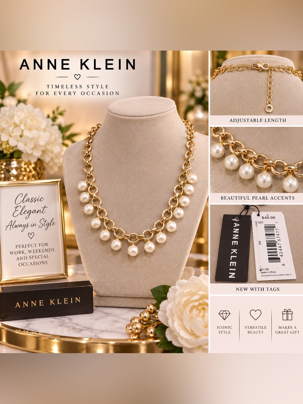 Anne Klein Beautiful Gold Tone Faux Pearl Statement Necklace Chunky Link NWT